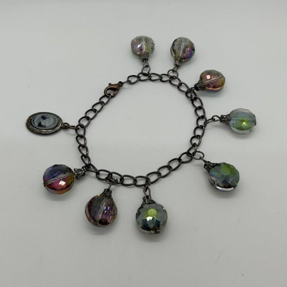 Aurora Borealis Crystal Charm Bracelet W/ Cameo Pendant Antique Black Chain Desi - Picture 2 of 16